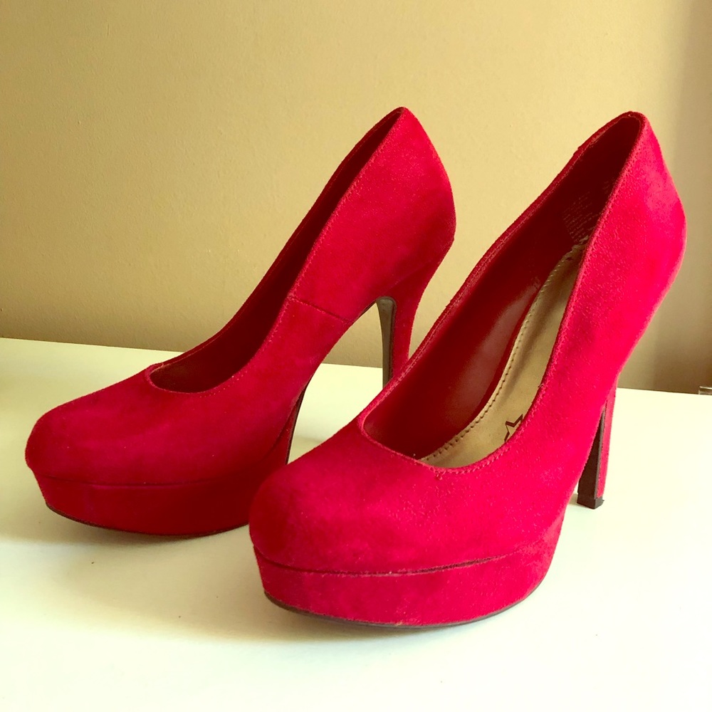 Cherry red platform pumps